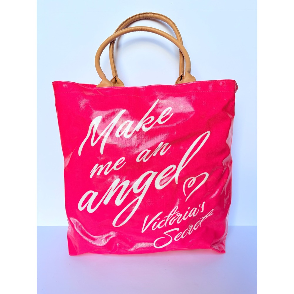 Victoria's Secret Tote Bag Pink Coated Canvas Make Me An Angel Graphic Large